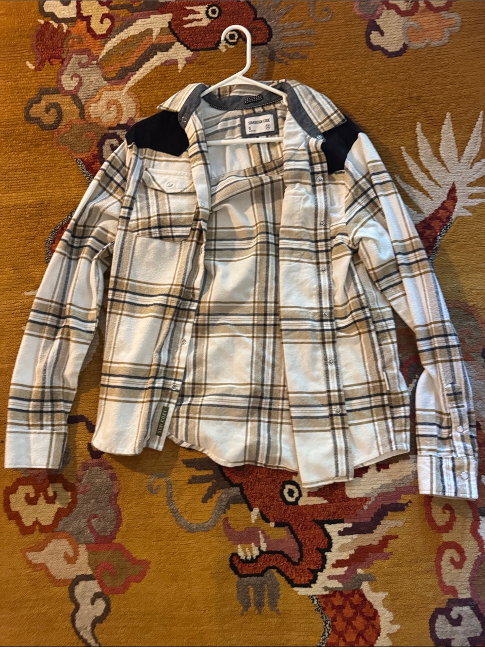 Sovereign Code Cream Plaid Utility Shacket with Black Shoulder Panels
